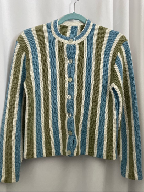 Sweaters - Vintage 60s Striped Crewneck Sweater Cardigan - Blue, Avocado Green & Cream